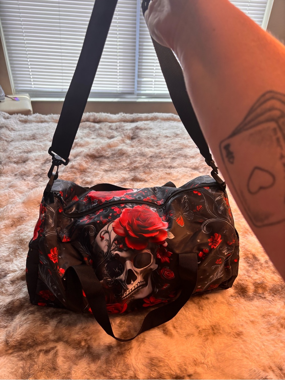 Black & Red Skull Rose Travel Duffel Bag